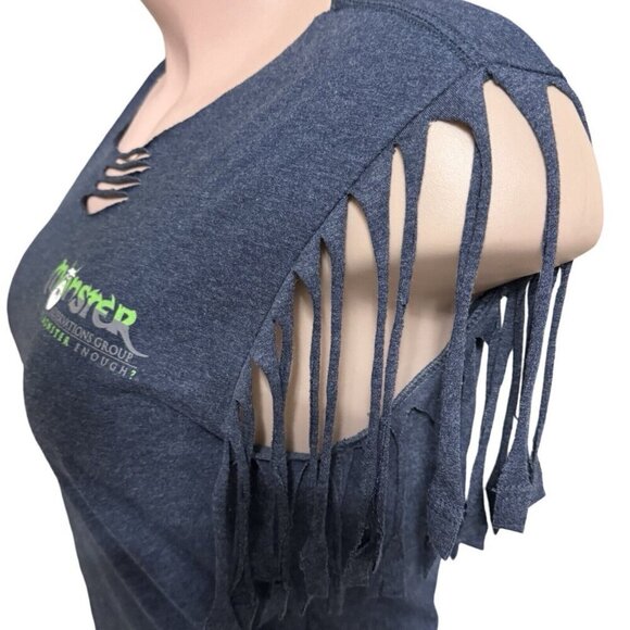 MONSTER RESERVATIONS Fabric Fringe-Cut Top Tee Large Blue/Gray Shredded Back - Picture 5 of 15